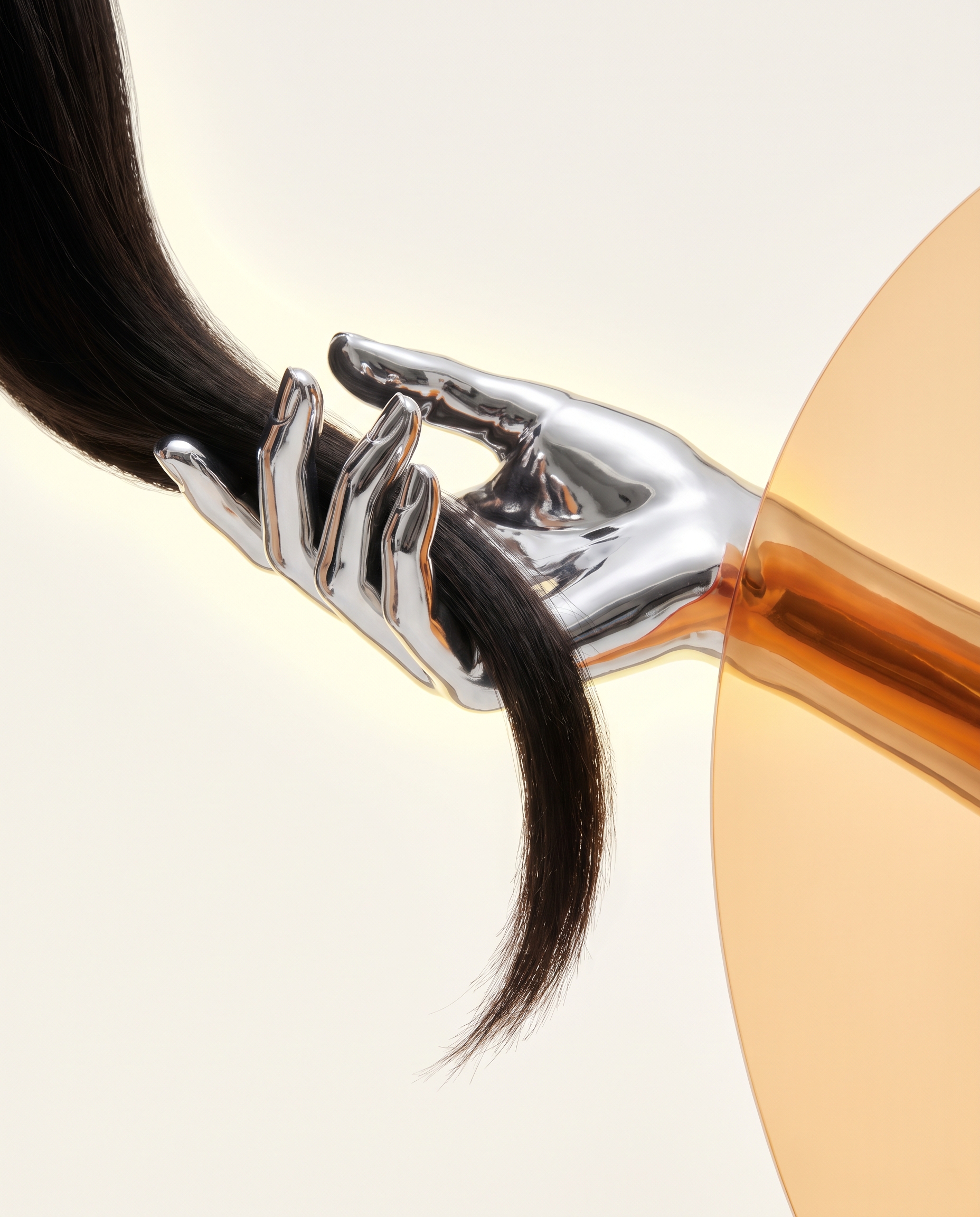 Main qui démêle une mèche de cheveux à contre-jour, ambiance éditoriale