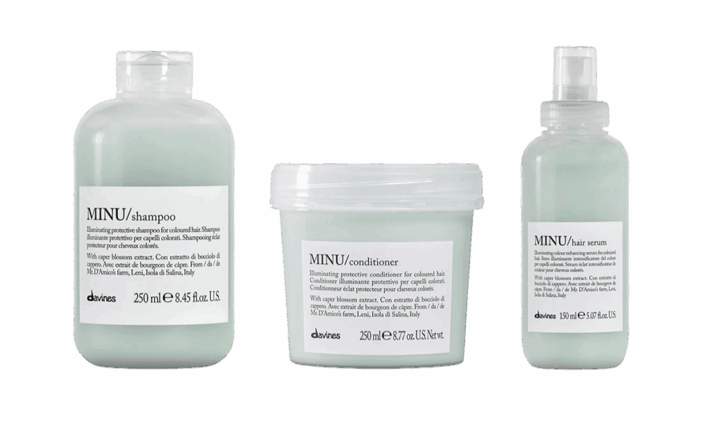 Shampoo et soins capillaires Minu pour cheveux colorés, formulés avec extrait de bourgeon de cappero, idéal pour protéger, nourrir et renforcer les cheveux colorés et sensibles.