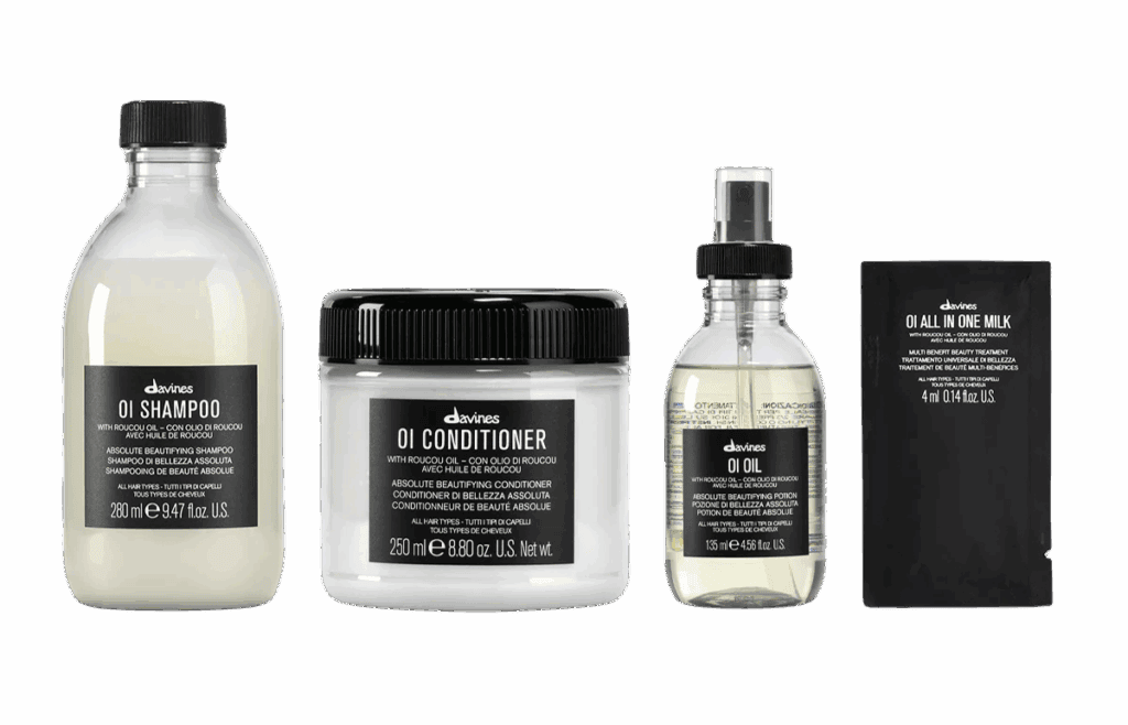 Shampoo, conditionneur et huiles capillaires Davines pour cheveux, gamme OI, produits de soins capillaires bio et naturels pour tous types de cheveux, beauté capillaire, routine capillaire.